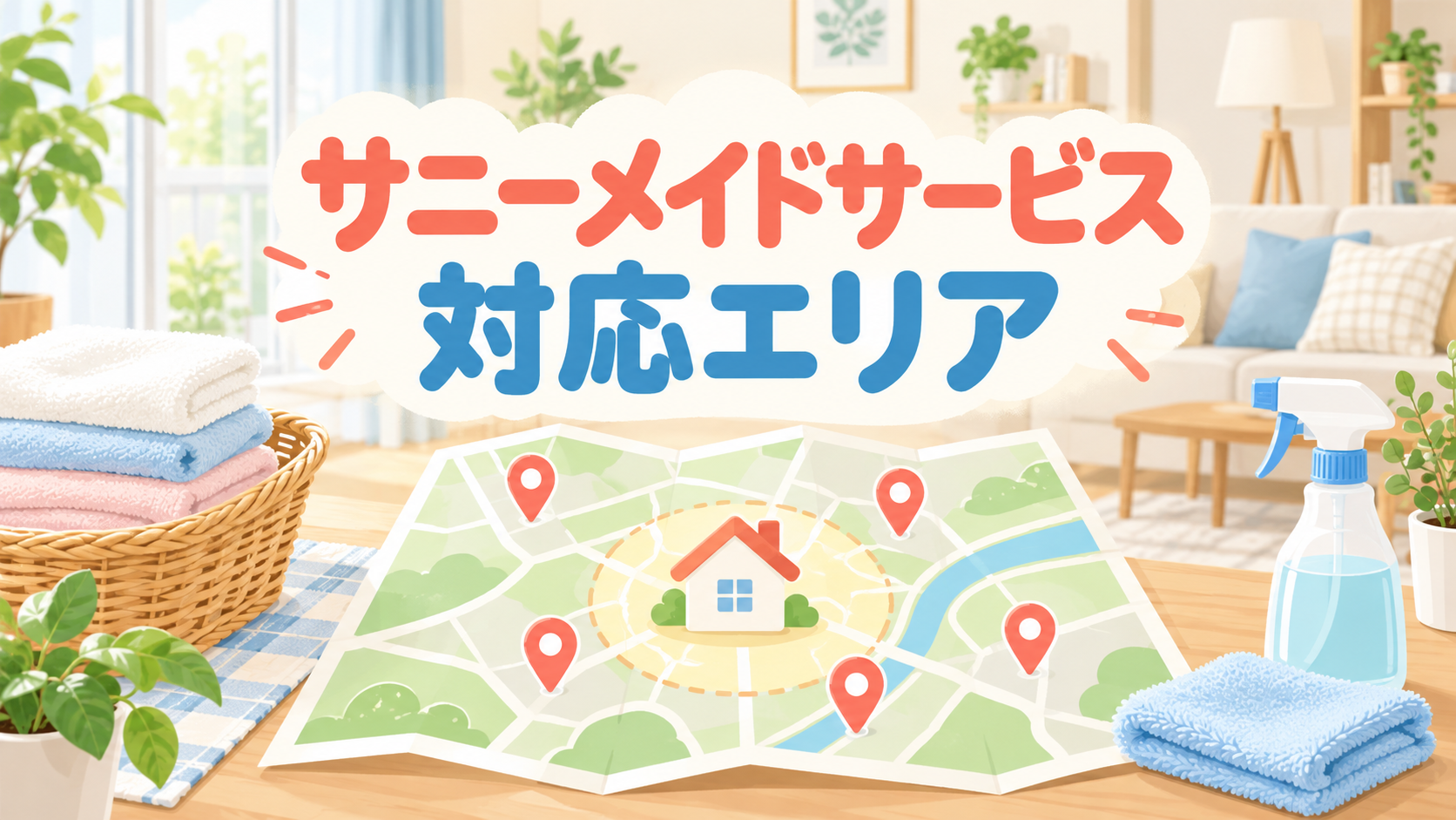 サニーメイドサービスの対応エリアを確認する、地図と家事道具のイラスト