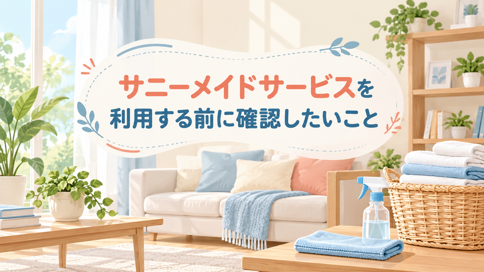 サニーメイドサービスを利用する前に確認したいことを案内する、明るい部屋と家事道具のイラスト