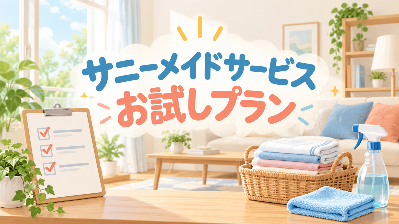 サニーメイドサービスのお試し利用を案内する、明るい部屋とチェックリストのイラスト